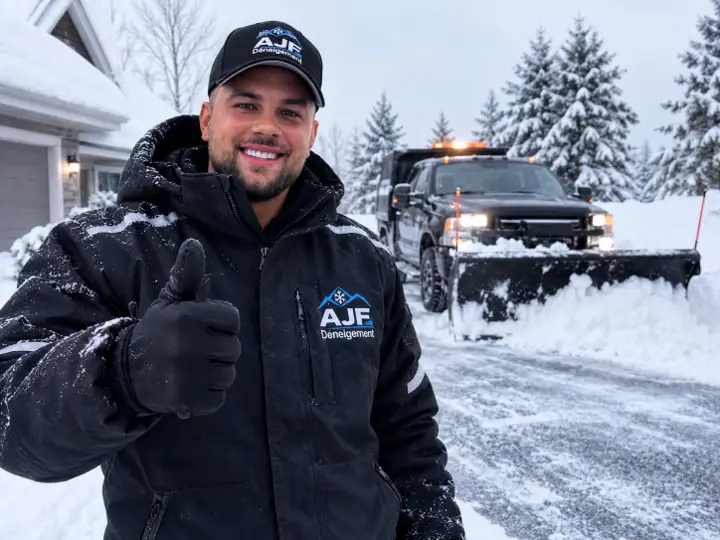 AJF Déneigement worker in front of a truck fitted with a snowplow