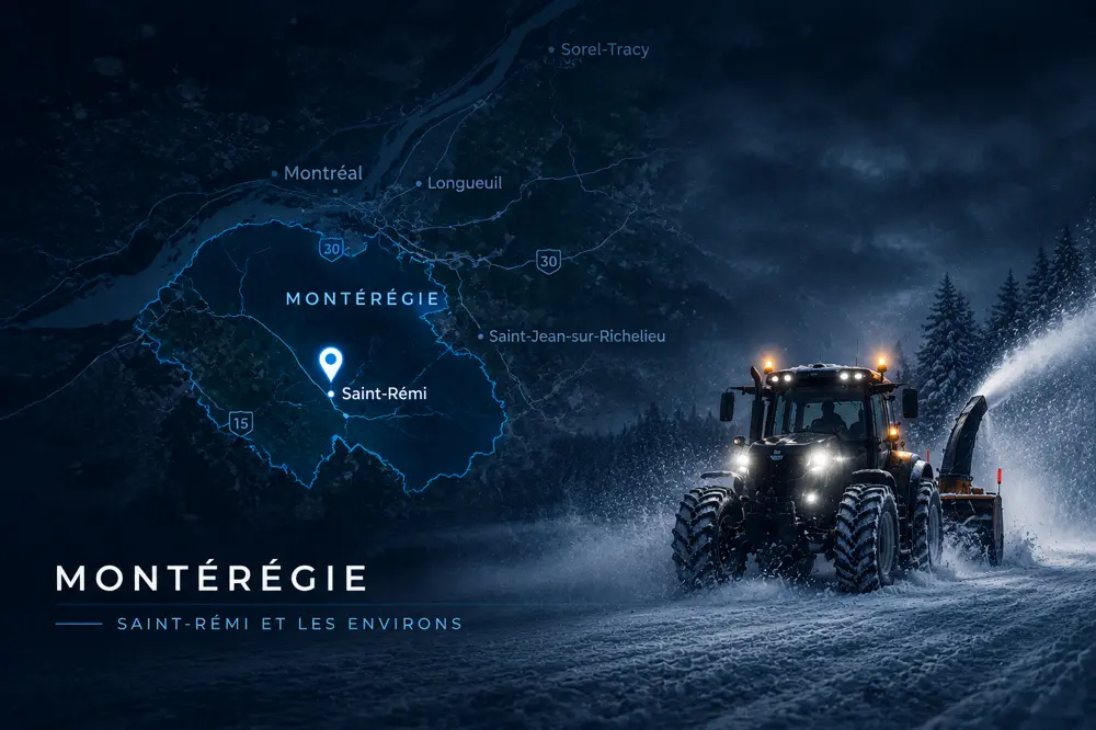 Map of the Montérégie region showing Saint-Rémi and the surrounding area, with a tractor clearing snow in winter.