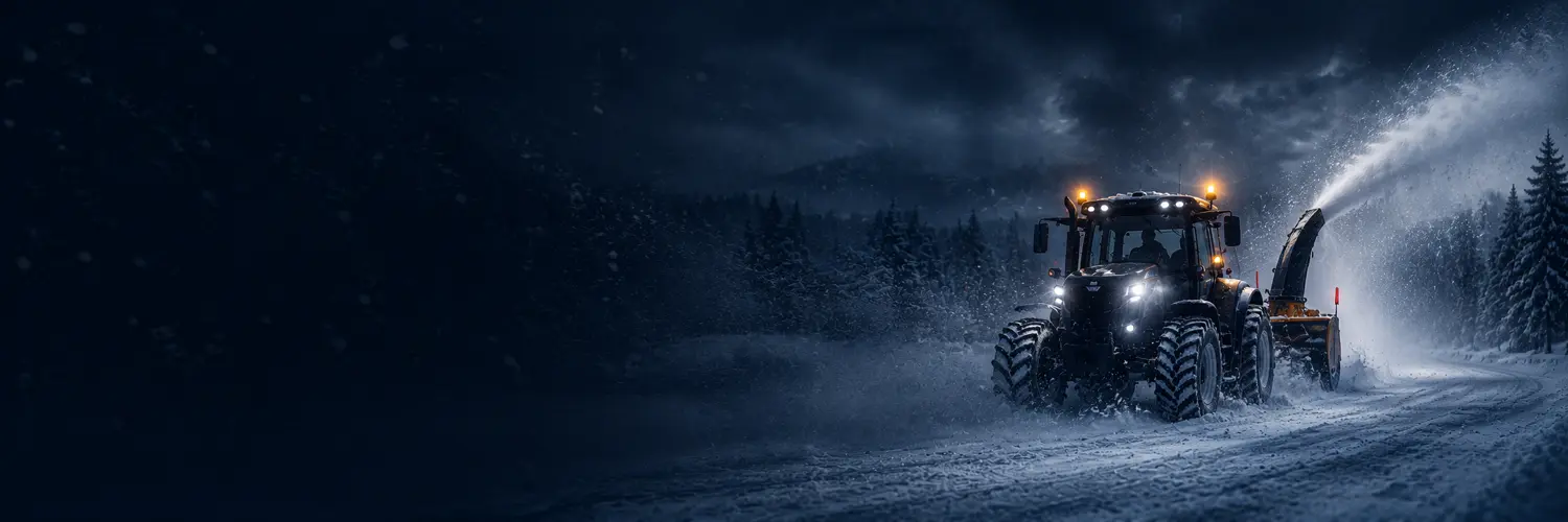 Tractor with a snow blower clearing snow at night in the middle of a storm