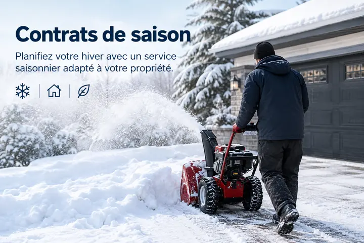 Déneigement à la souffleuse devant une maison pour la saison hivernale