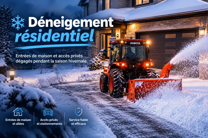Tracteur déneigeant une entrée de maison et ses accès privés