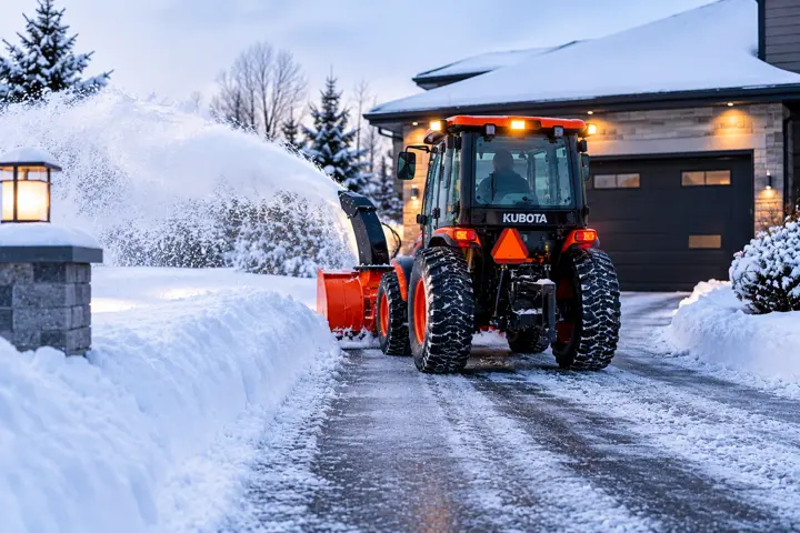 Déneigement d’une entrée privée devant un garage résidentiel