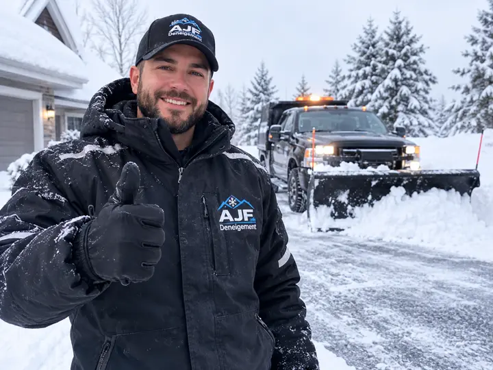Intervenant AJF Déneigement devant un camion équipé d’un chasse-neige