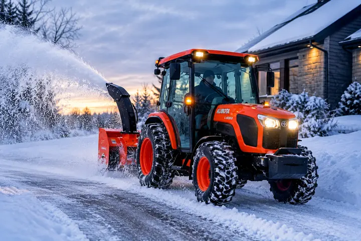 Tracteur équipé d’une souffleuse en action devant une maison